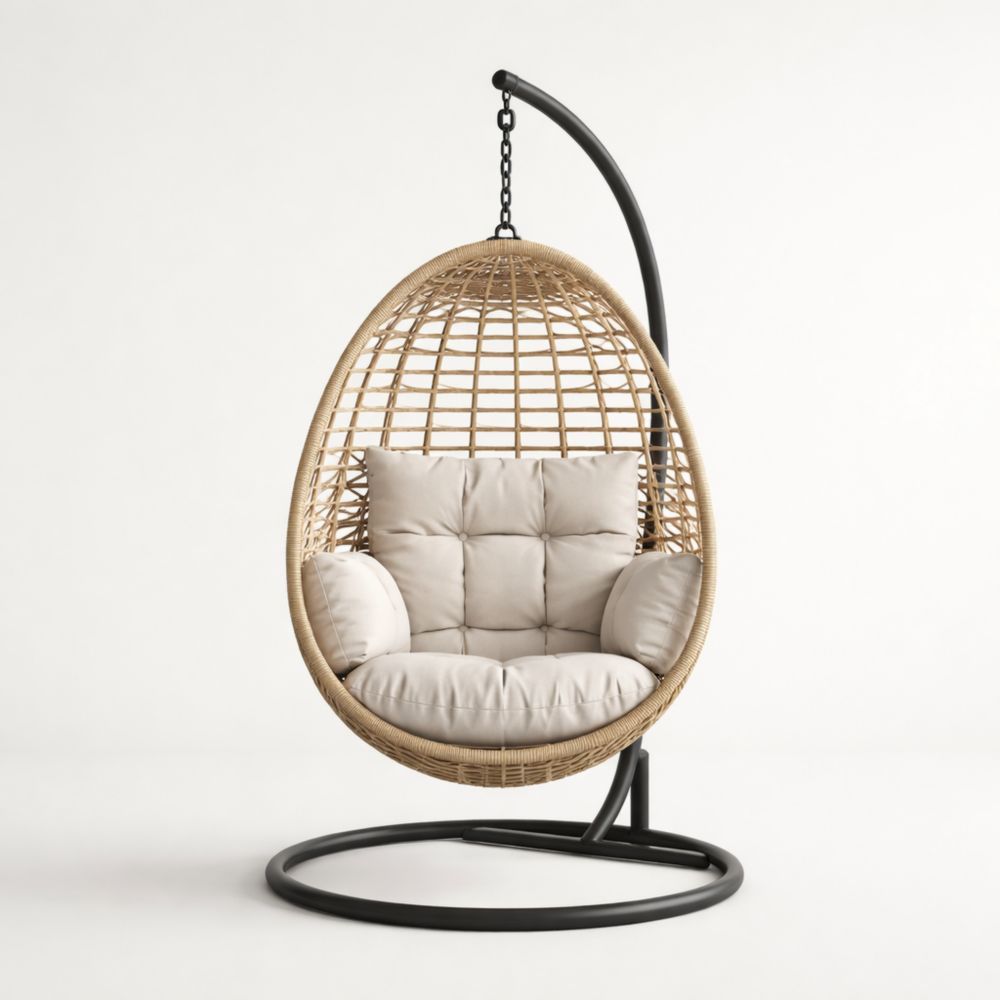 Rattan Egg Hanging Chair with Steel Stand and Cushions Beige
