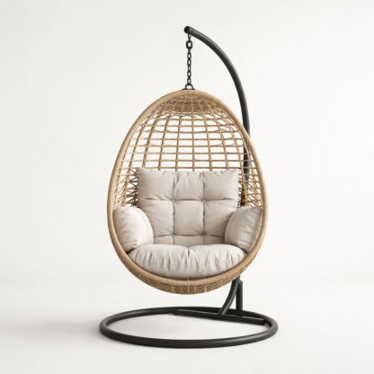 Rattan Egg Hanging Chair with Steel Stand and Cushions Beige
