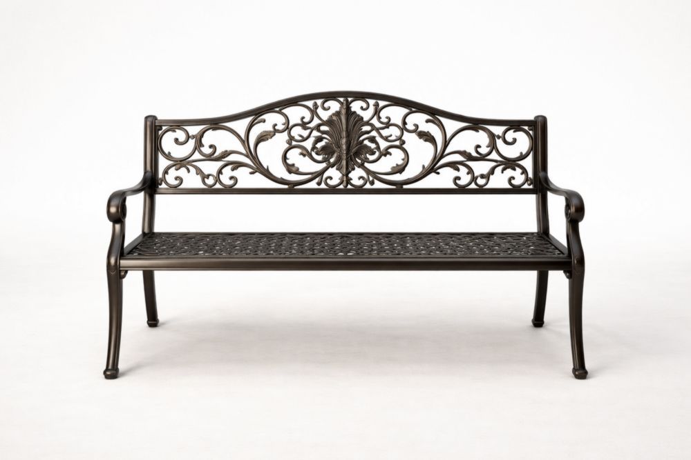 Cast Aluminum Outdoor Bench with Scroll Pattern Backrest