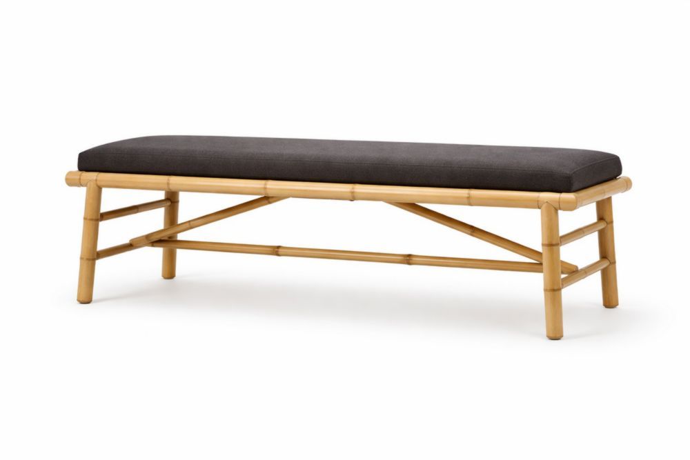 Outdoor Bamboo Frame Bench with Black Polyester Cushion, 152 cm Length