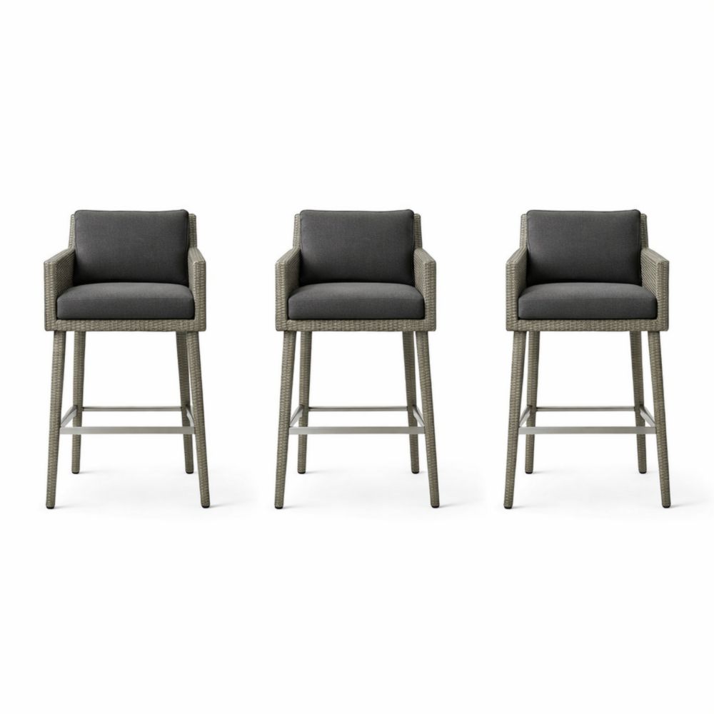 3-Piece Outdoor Wicker Bar Stool Set with Cushions Grey-Auroradore
