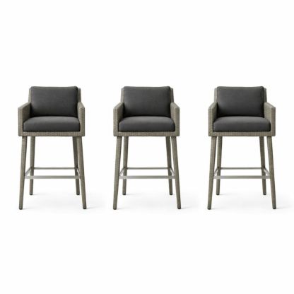 3-Piece Outdoor Wicker Bar Stool Set with Cushions Grey-Auroradore