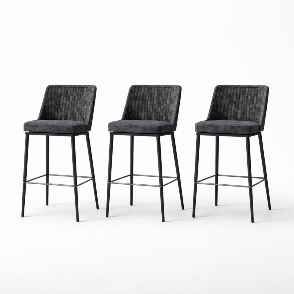 Set of 3 Black Wicker Outdoor Bar Stools with Metal Legs-Auroradore