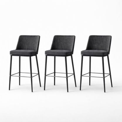 Set of 3 Black Wicker Outdoor Bar Stools with Metal Legs-Auroradore