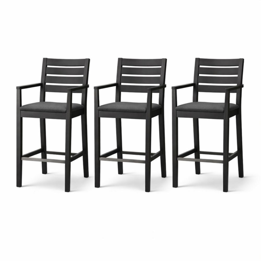 Set of 3 Outdoor Metal Bar Stools with Cushioned Seats and Armrests in Black-Auroradore