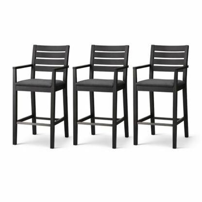 Set of 3 Outdoor Metal Bar Stools with Cushioned Seats and Armrests in Black-Auroradore