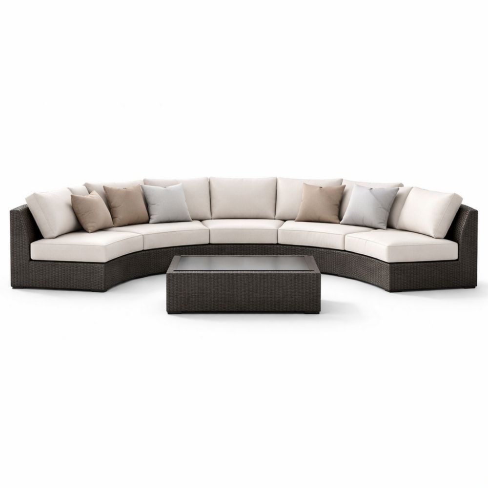 Outdoor Sectional Sofa Set with Tempered Glass Top Coffee Table Wicker Rattan Beige/Brown-Auroradore