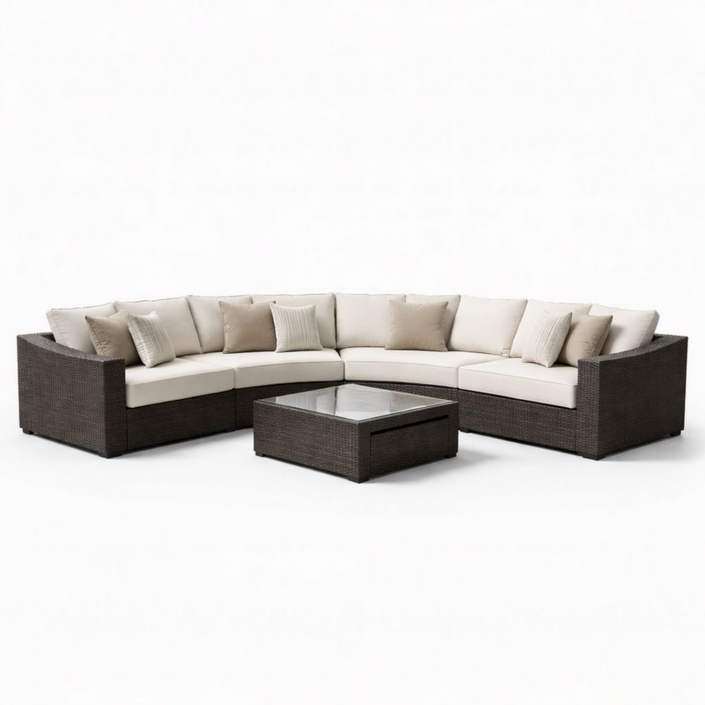 Wicker Outdoor Sectional Sofa Set with Cushions and Glass Top Coffee Table in Beige/Brown-Auroradore