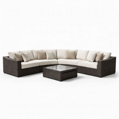 Wicker Outdoor Sectional Sofa Set with Cushions and Glass Top Coffee Table in Beige/Brown-Auroradore