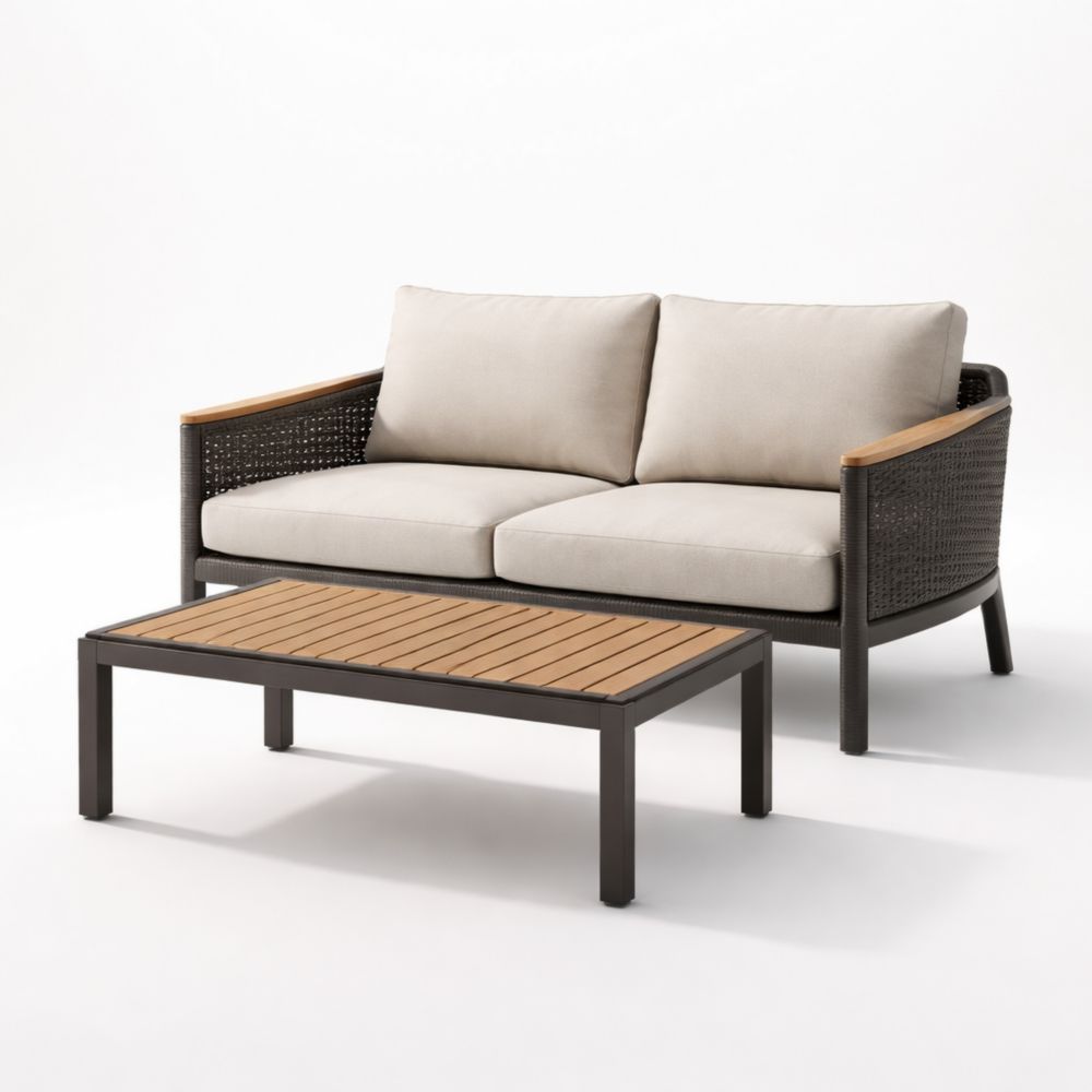 Outdoor Wicker Sofa Set with Aluminum Frame and Teak Accents-Auroradore