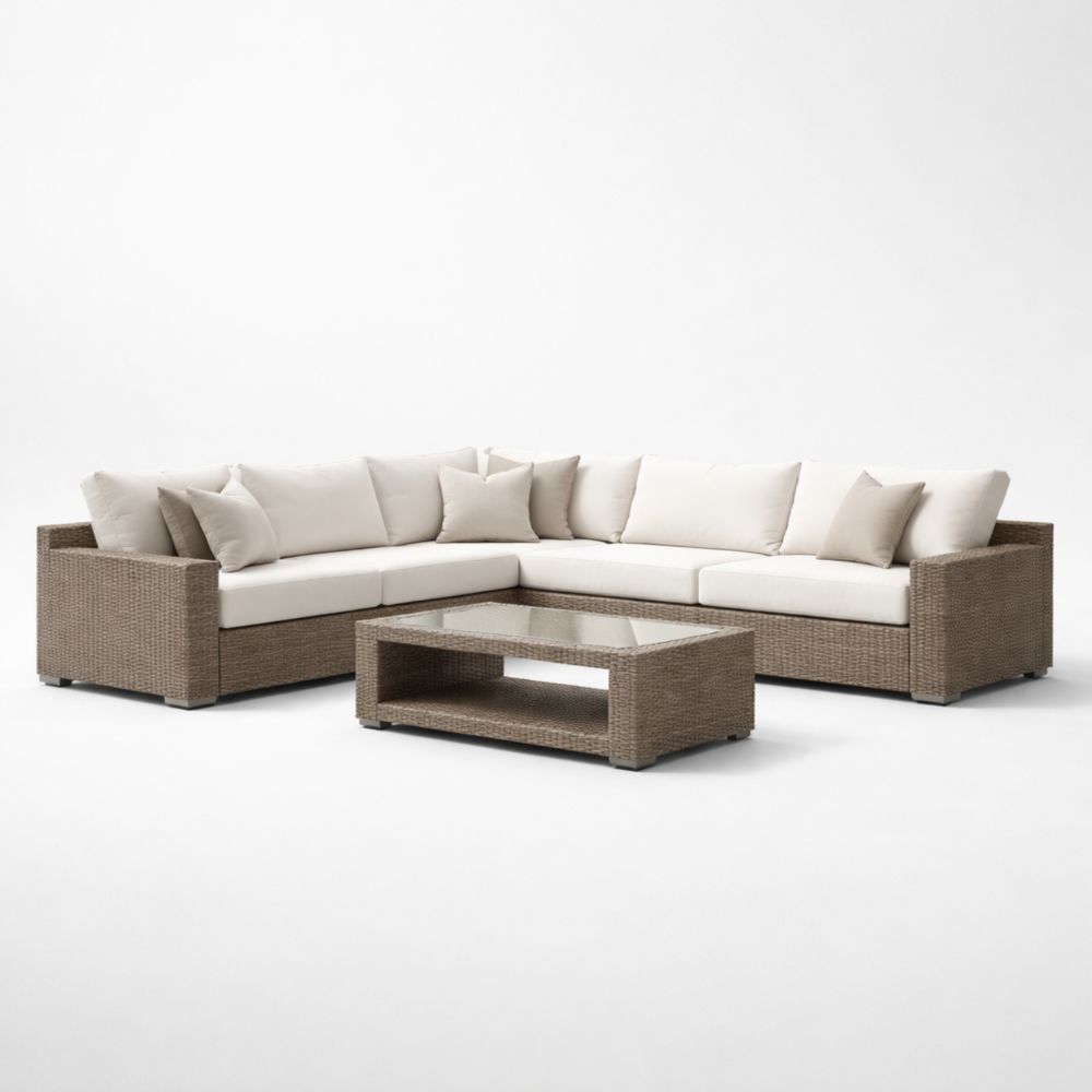 Outdoor Sectional Wicker Sofa Set with Beige Cushions and Glass Coffee Table-Auroradore