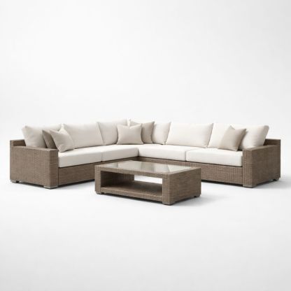 Outdoor Sectional Wicker Sofa Set with Beige Cushions and Glass Coffee Table-Auroradore