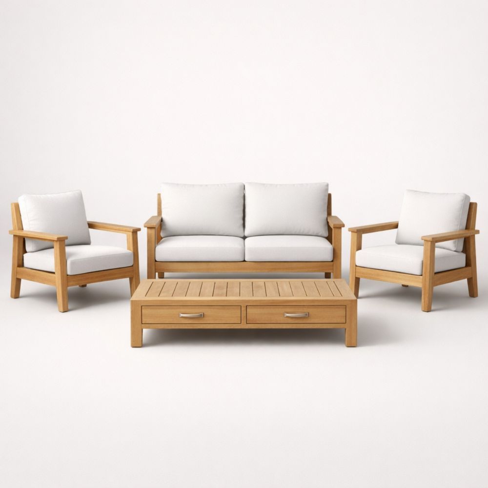 Wooden Patio Sofa Set with Cushions and Coffee Table Beige-Auroradore