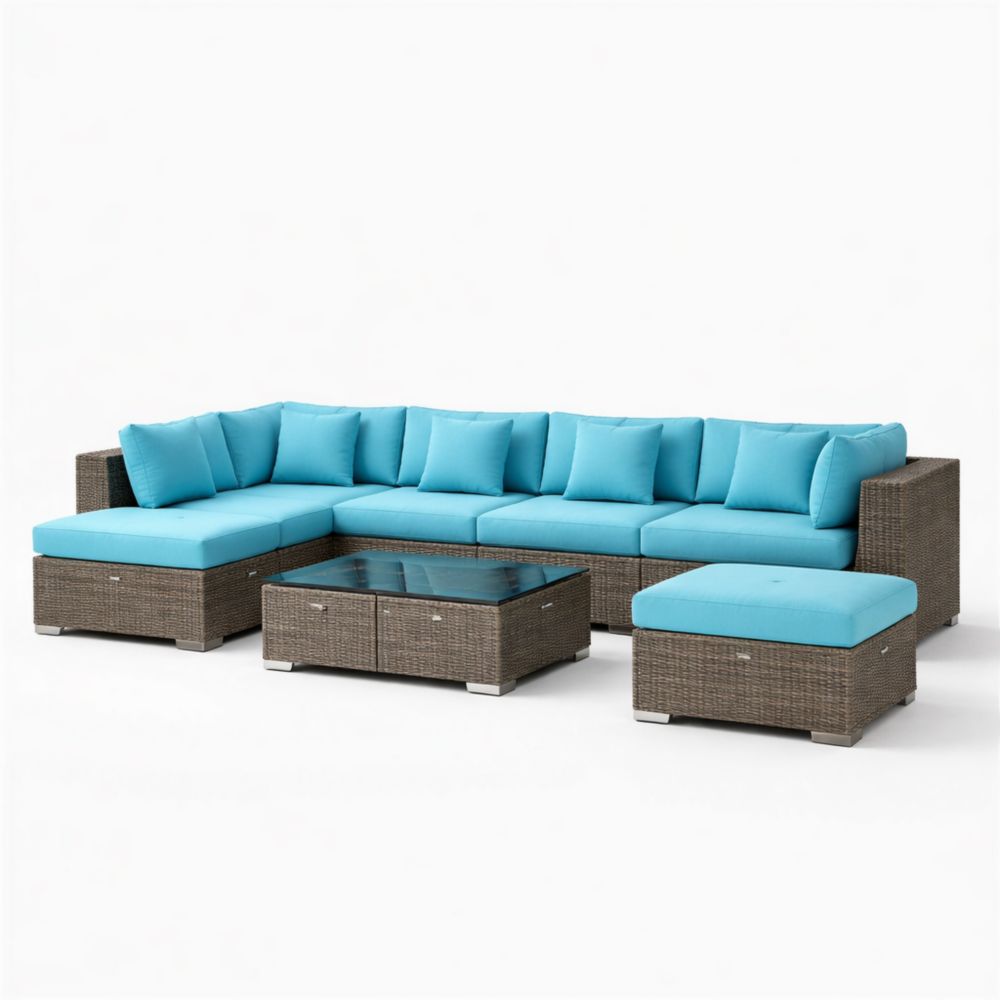 Outdoor Sectional Sofa Set with Ottoman and Coffee Table PE Rattan Steel Frame Blue Cushions-Auroradore