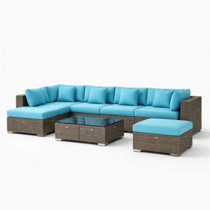 Outdoor Sectional Sofa Set with Ottoman and Coffee Table PE Rattan Steel Frame Blue Cushions-Auroradore