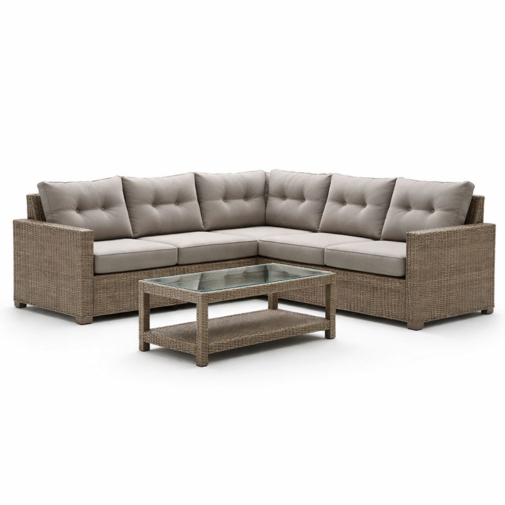 Outdoor Sectional Sofa Set with Cushions and Glass-Top Coffee Table Beige-Auroradore
