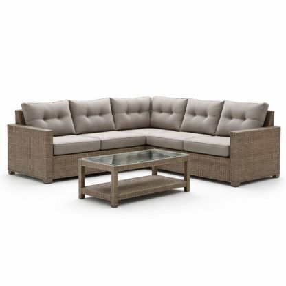 Outdoor Sectional Sofa Set with Cushions and Glass-Top Coffee Table Beige-Auroradore