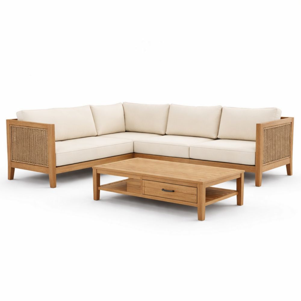 Outdoor Sectional Sofa Set with Acacia Wood and Beige Cushions-Auroradore
