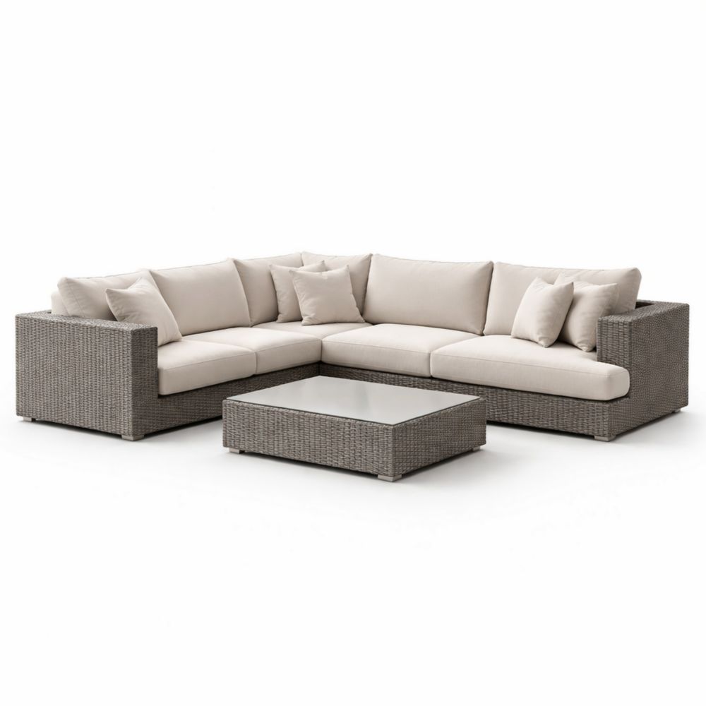 Outdoor Sectional Sofa Set PE Wicker Beige Cushions 4-Piece with Coffee Table-Auroradore