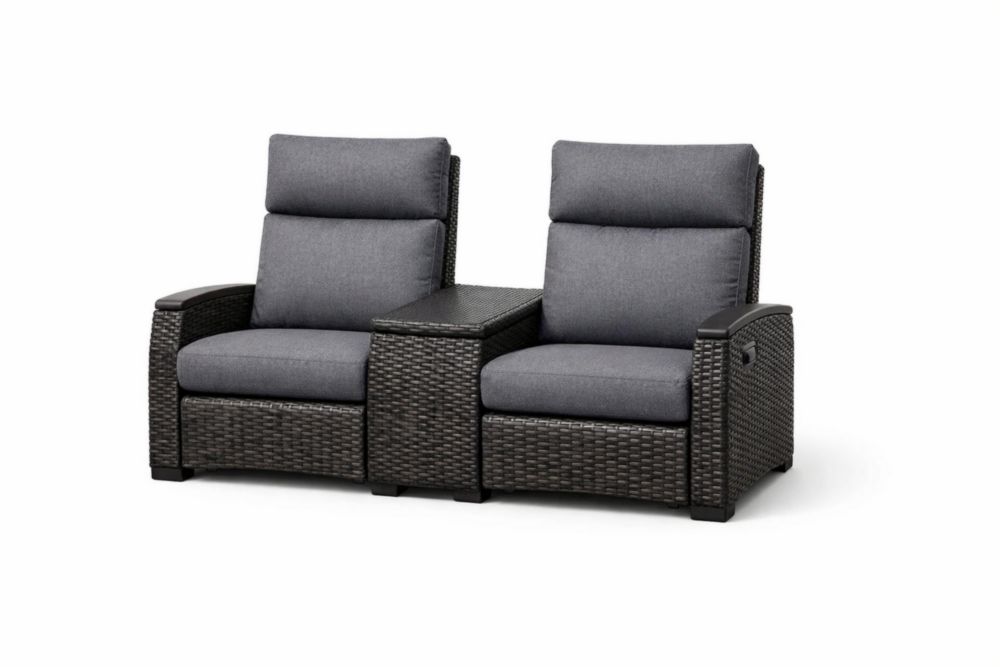 Outdoor Wicker Double Reclining Loveseat with Gray Cushions and Middle Table