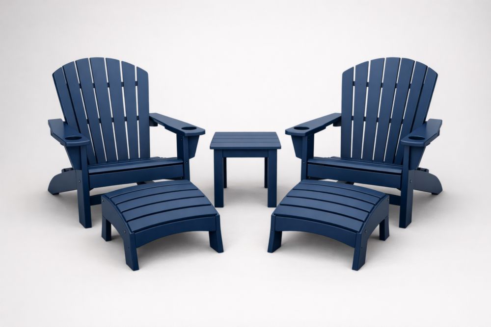 Outdoor Adirondack Chair Set with Navy Blue Finish and Footstools