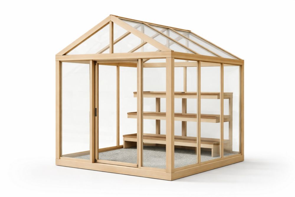 Solid Wood Frame Greenhouse with Tempered Glass Panels and Shelves, 200cm x 200cm x 220cm