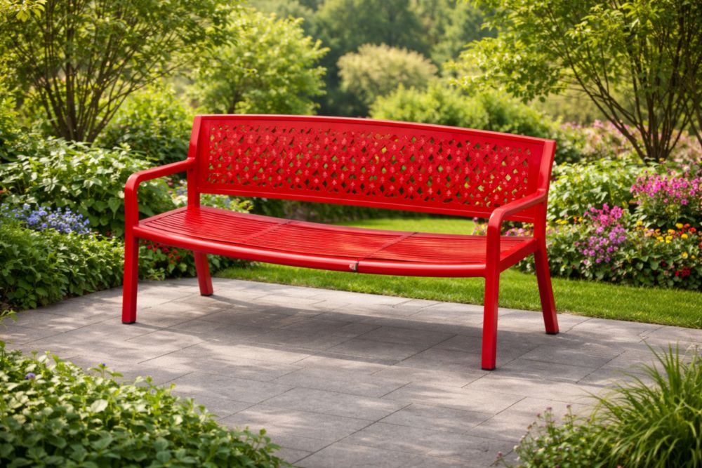 Red Steel Outdoor Bench with Decorative Backrest