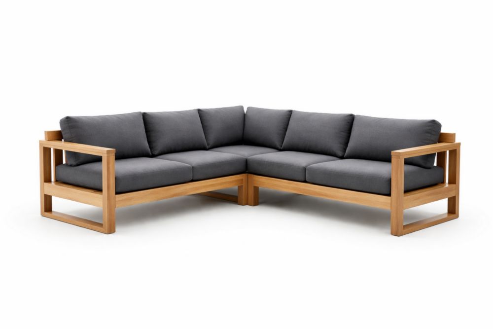Teak Wood L-Shaped Outdoor Sofa with Dark Grey Cushions