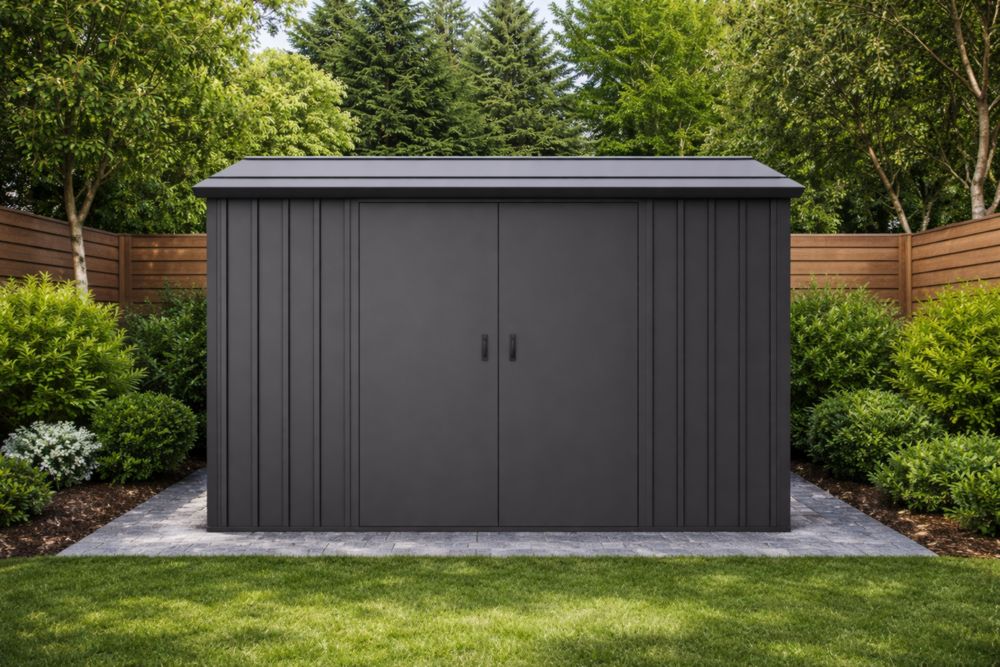 Outdoor Steel Storage Shed with Sliding Doors, Black
