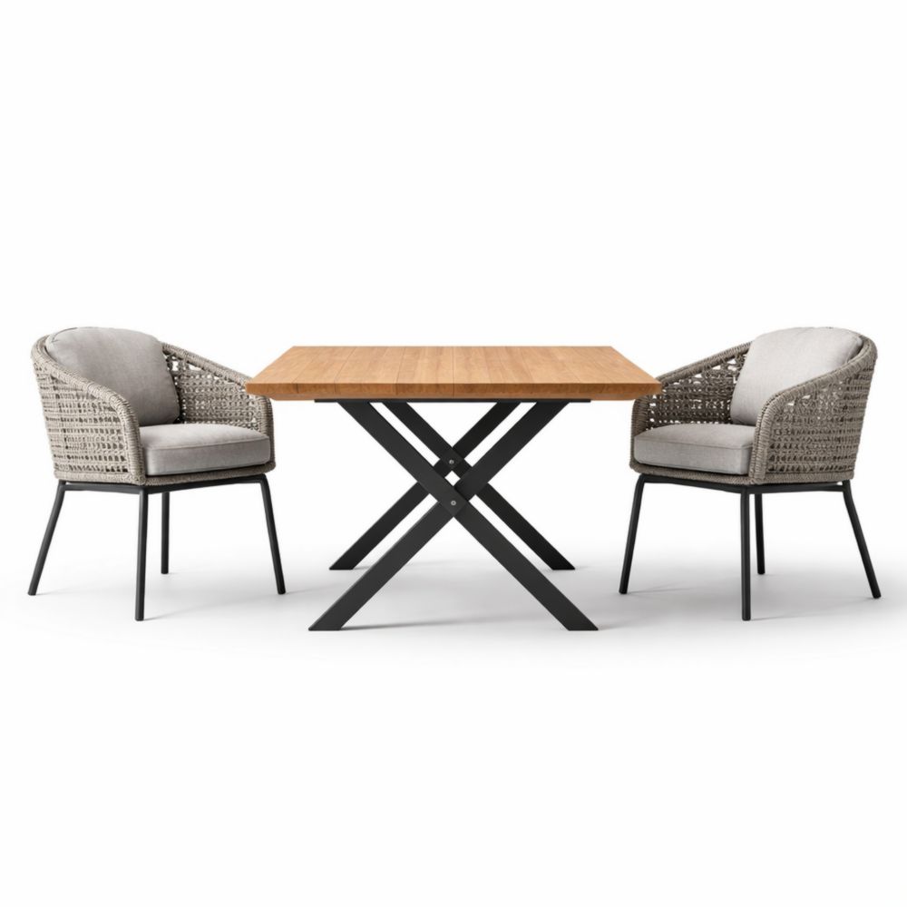Outdoor Dining Set with Square Table and Two Wicker Chairs - Wooden Table Top - Metal Frame - Beige Cushions-Verdanilia