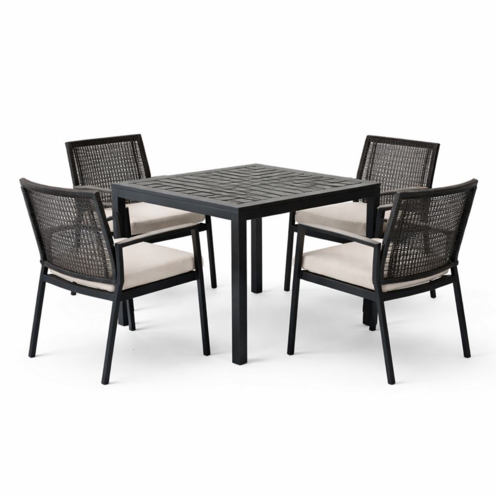 Outdoor Patio Dining Set with Metal Frame and Wicker Chairs Black Beige-Verdanilia