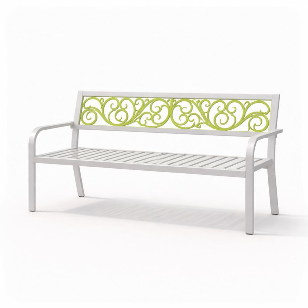 Outdoor Metal Garden Bench with White and Green Scroll Design-Verdanilia