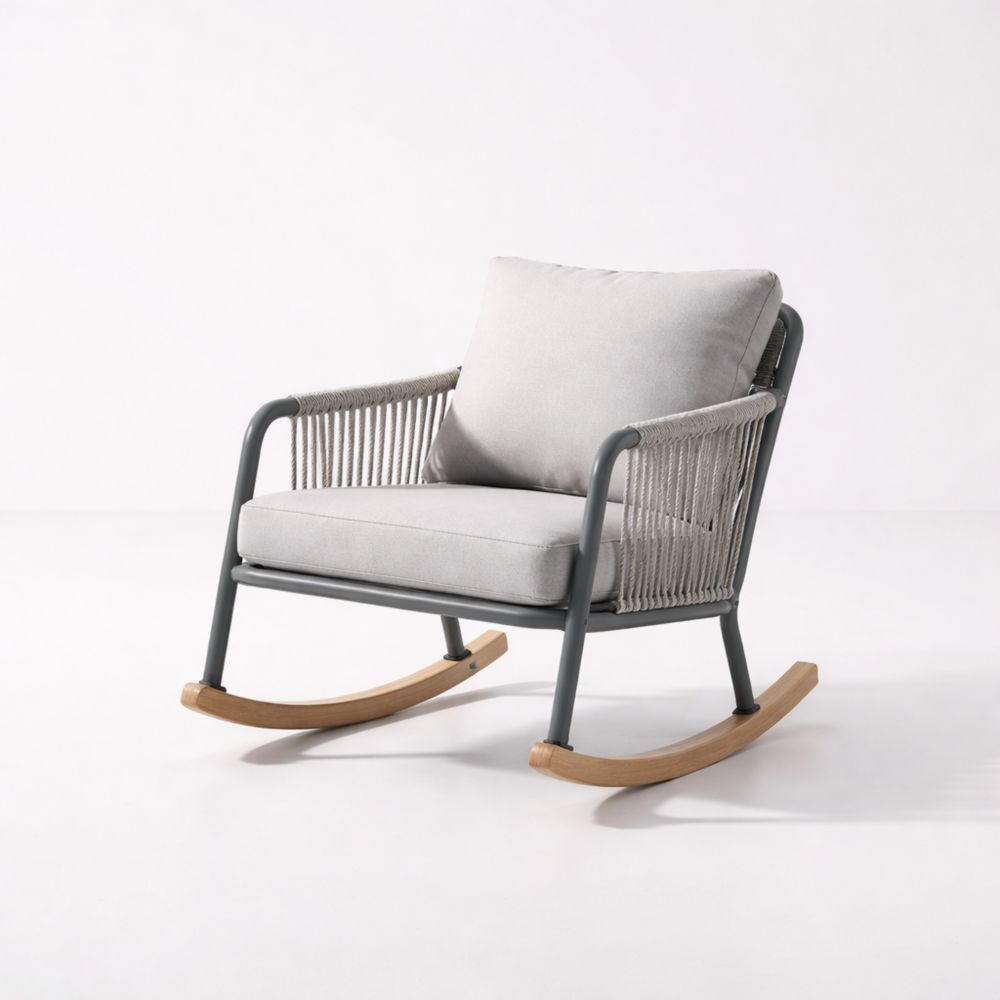 Outdoor Rocking Chair Metal and Rope Frame with Light Grey Cushions-Verdanilia