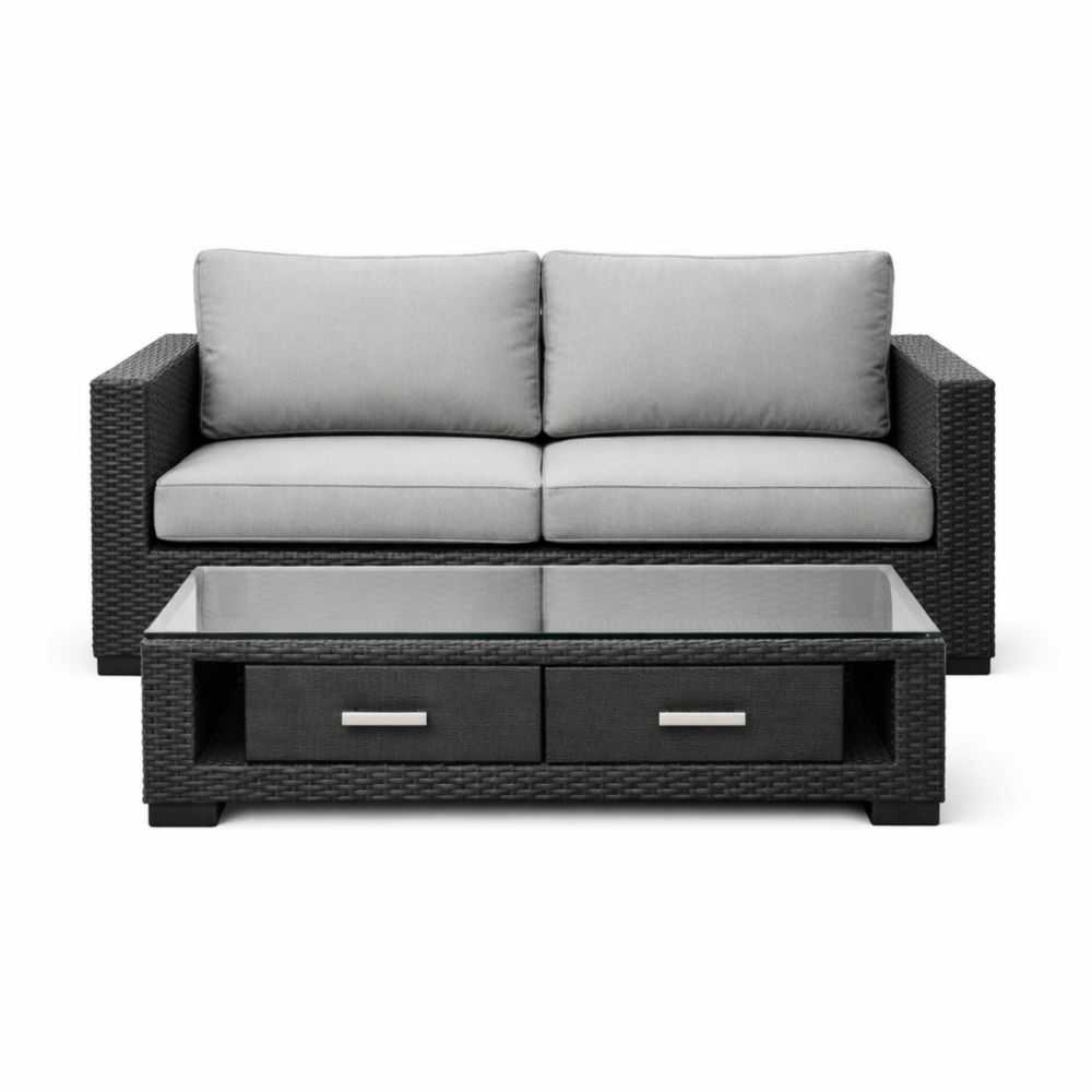 Outdoor Wicker Sofa Set with Cushions and Glass Coffee Table Black/Grey-Verdanilia