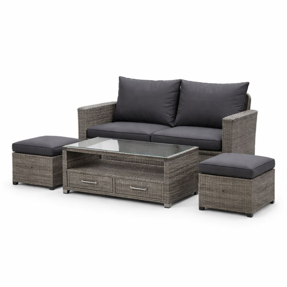 4-Piece Outdoor Patio Sofa Set with Glass Top Coffee Table and Two Ottomans Wicker Rattan Gray-Verdanilia
