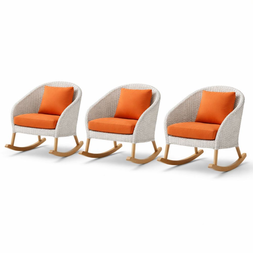 Set of 3 Wicker Rocking Chairs with Orange Cushions-Verdanilia