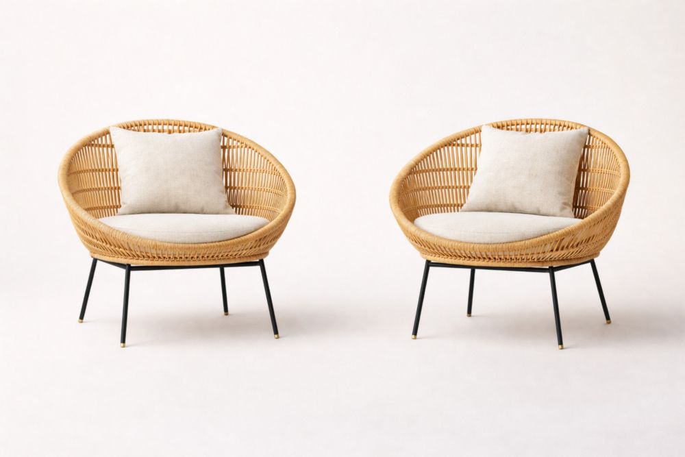 Set of 2 Rattan Lounge Chairs with Cushions and Black Steel Legs