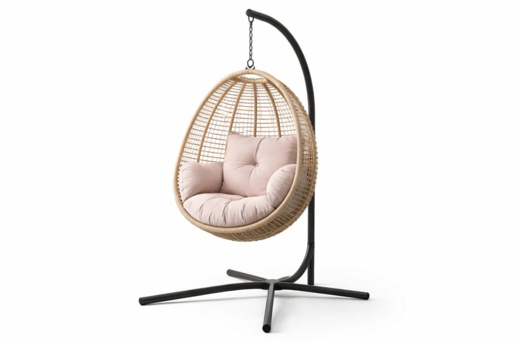 Hanging Egg Chair with Stand Beige Pink Cushion Rattan Steel Frame