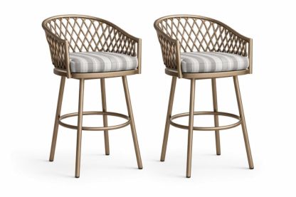 Set of 2 Bronze Aluminum Swivel Bar Stools with Plaid Cushions