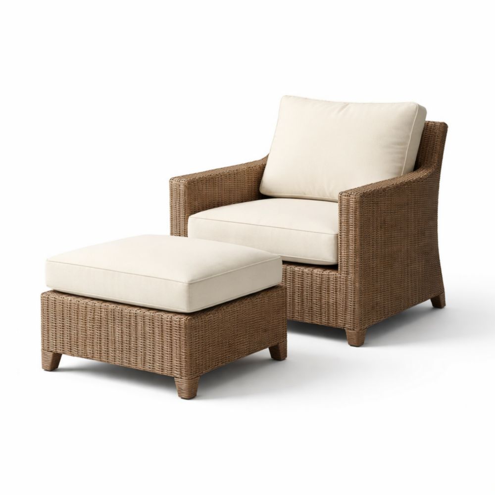 Rattan Armchair and Ottoman Set with Cream Cushions