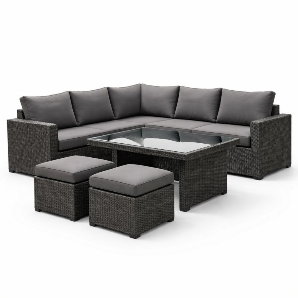 Gray Outdoor Wicker Sectional Sofa Set with Cushions and Glass Top Table
