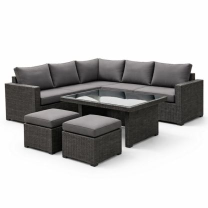 Gray Outdoor Wicker Sectional Sofa Set with Cushions and Glass Top Table