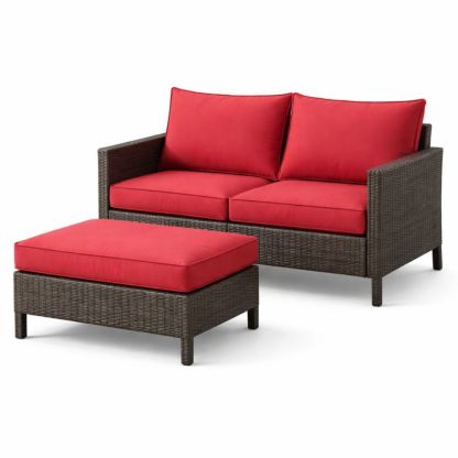Rattan Loveseat and Ottoman Set with Red Cushions