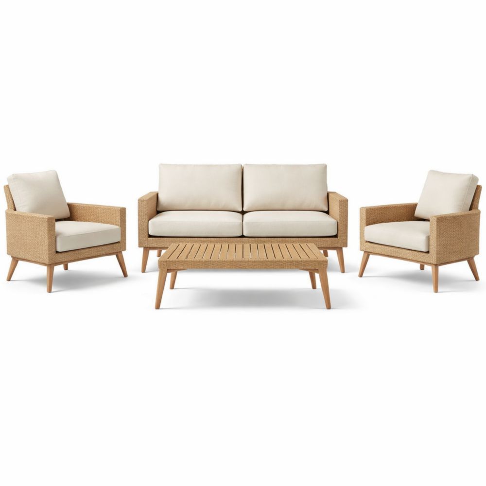 4-Piece Patio Furniture Set with Cushions and Coffee Table - Beige