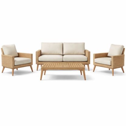 4-Piece Patio Furniture Set with Cushions and Coffee Table - Beige