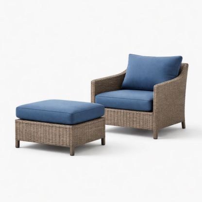 Wicker Patio Chair and Ottoman Set with Blue Cushions