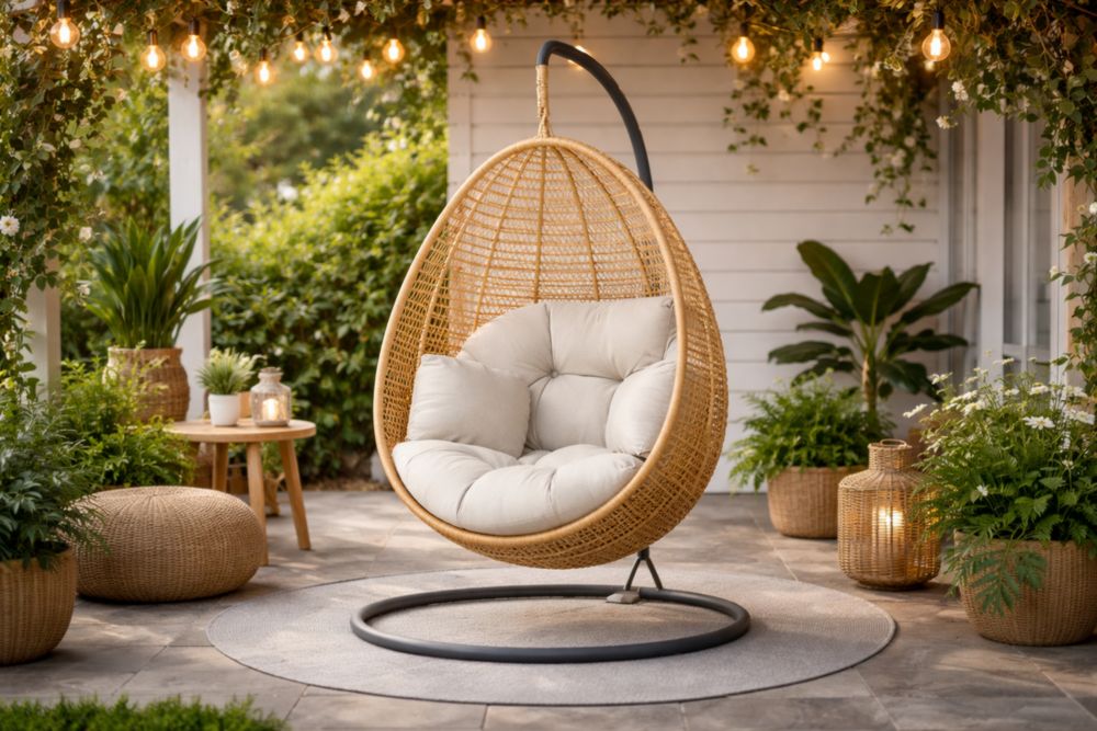 Outdoor Egg Shaped Rattan Hanging Chair with Beige Cushion and Stand