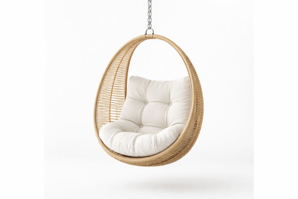 Hanging Egg-Shaped Rattan Chair with White Cushions