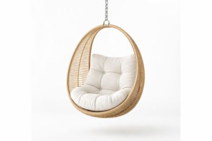 Hanging Egg-Shaped Rattan Chair with White Cushions
