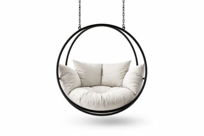 Hanging Circular Swing Chair with Cushions Black Frame Beige Fabric